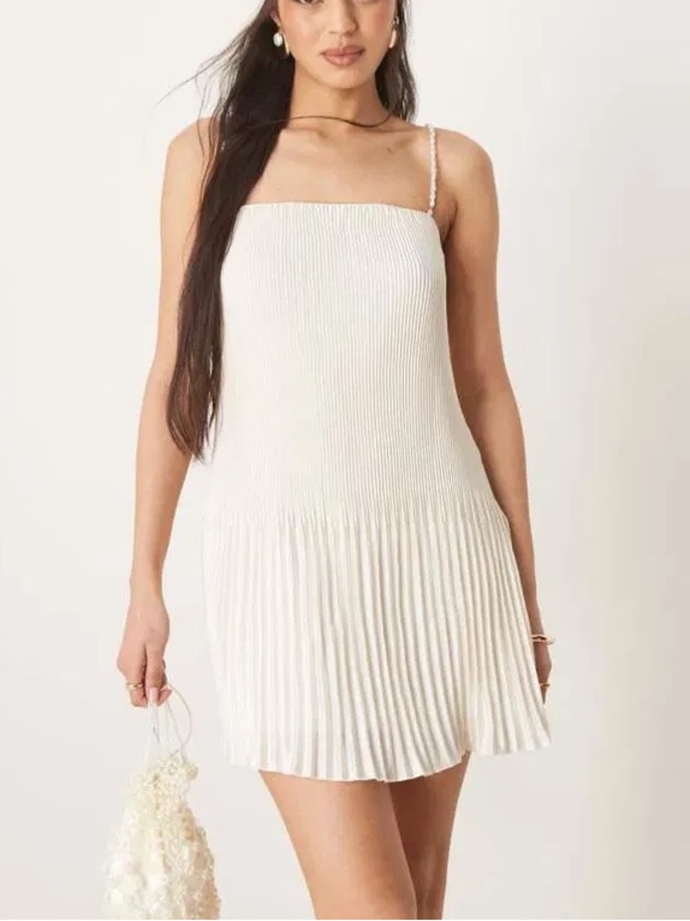 Abercrombie Giselle Faux Pearl Pleated Release Mini Dress Ivory Satin - Picture 2 of 9